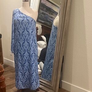 Chic Blue Patterned One-Shoulder Maxi Dress